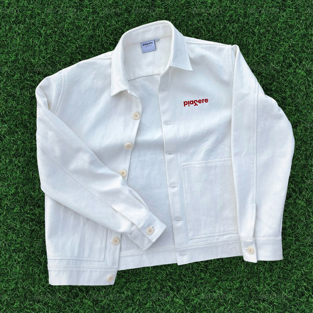 Veste jean unisexe – Blanche/broderie rouge